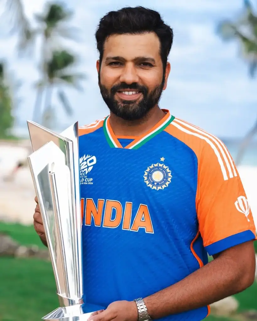 Rohit Sharma with the ICC Men's T20 Cricket World Cup trophy