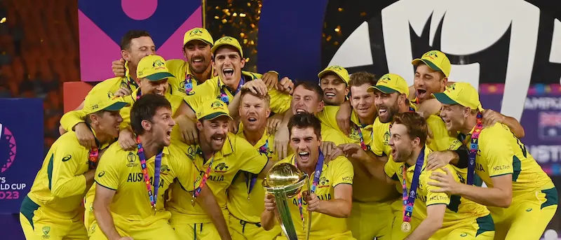 Captain Pat Cummins lifts the Cricket World Cup trophy 2023