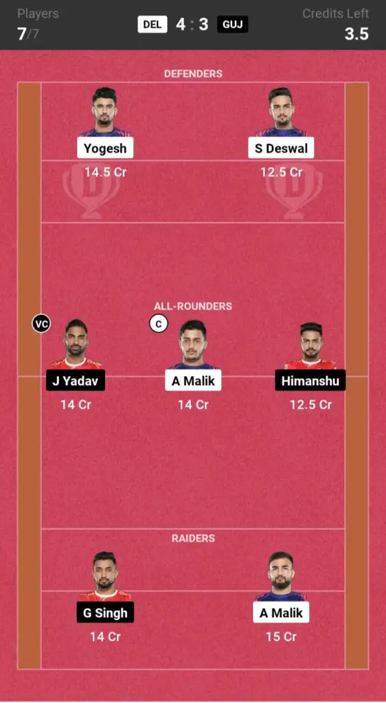 DEL vs GUJ Grand League Team