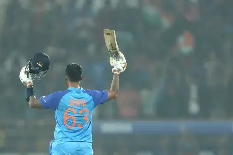 Suryakumar Yadav celebrates his third T20I century