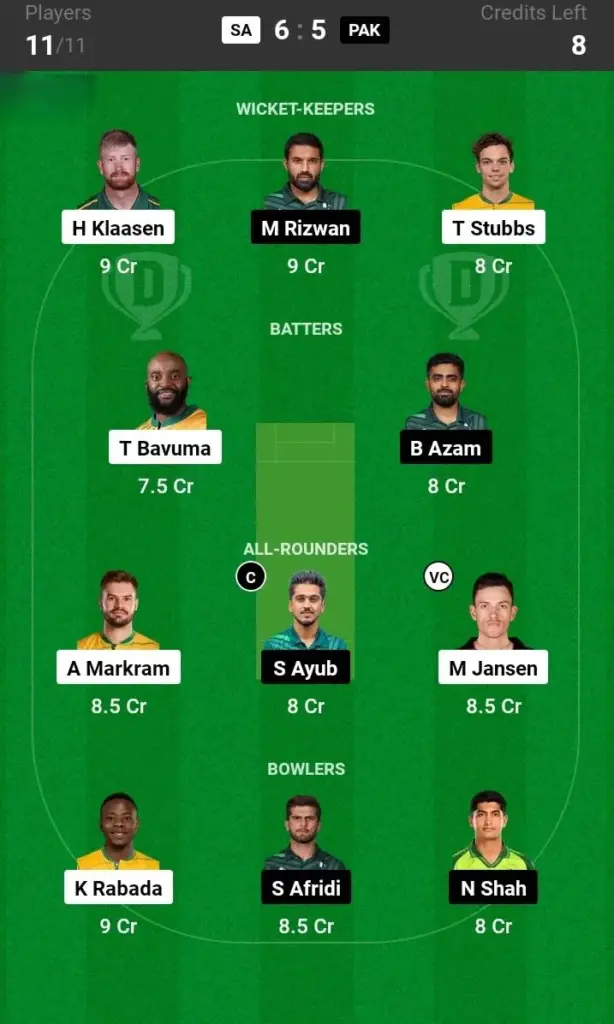 SA vs PAK Grand League Team