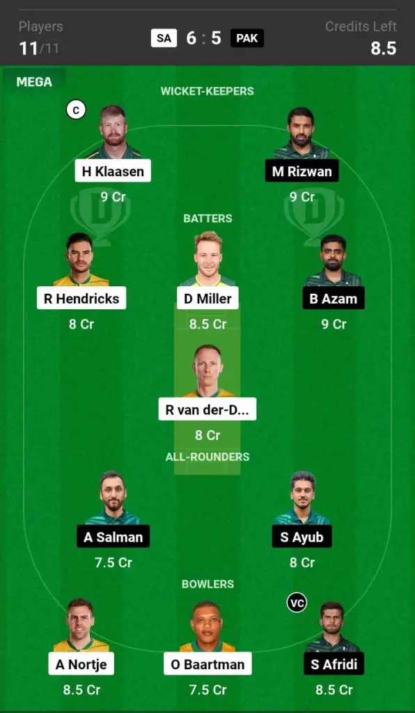 SA vs PAK Grand League Team