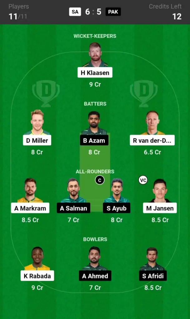 SA vs PAK Grand League Team