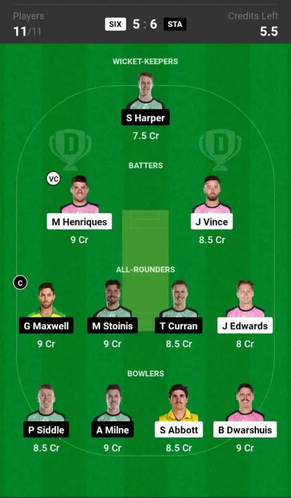 SIX vs STA Dream11 