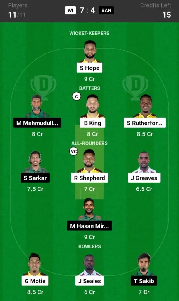 WI vs BAN Grand League Team