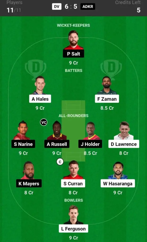 DV vs ADKR Dream11 Prediction Grand League Team