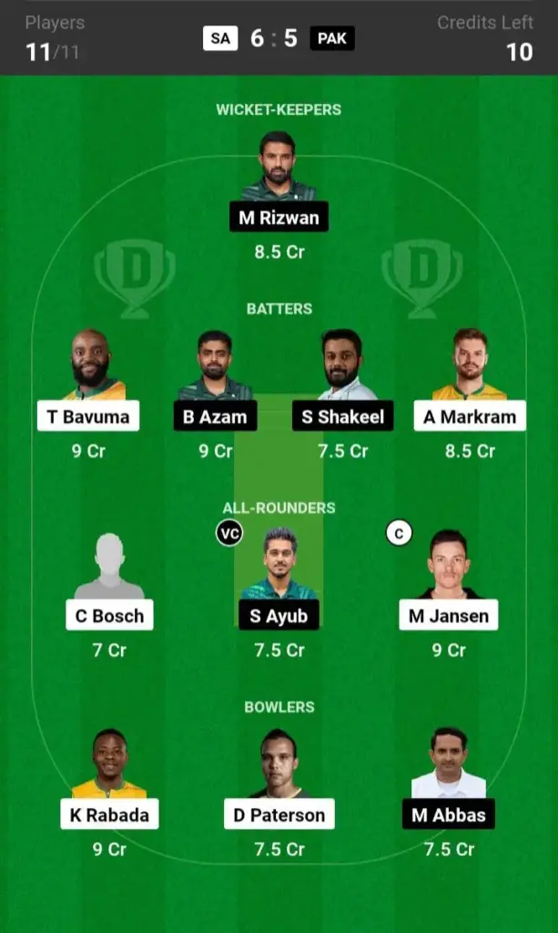 SA vs PAK Grand League Team