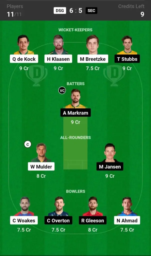 SEC vs DSG Dream11 Prediction Grand League Team