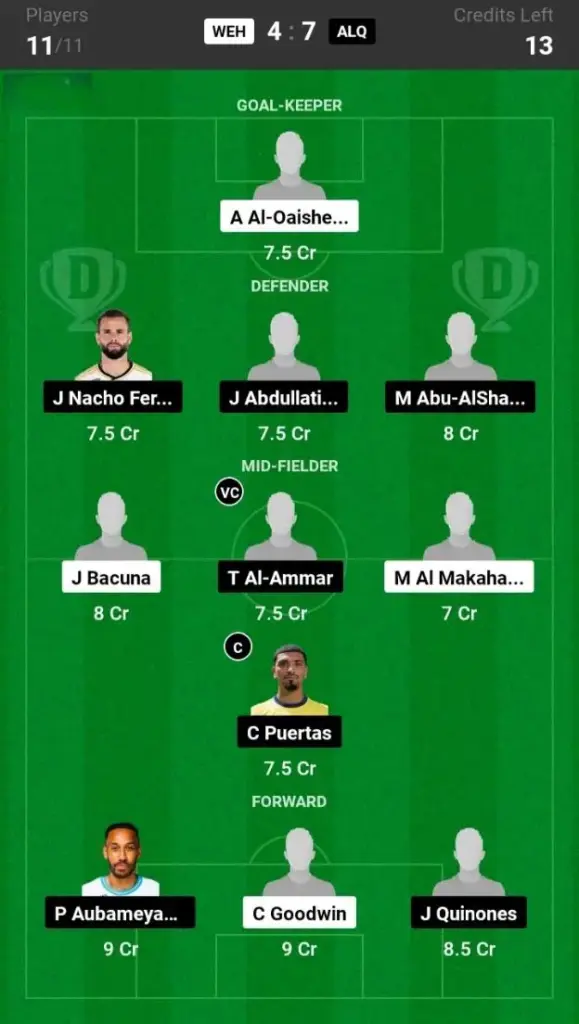 WEH vs ALQ Dream11 Prediction Grand League Team