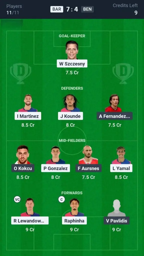 BAR vs BEN Grand League Team