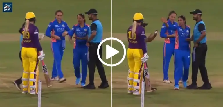 Harmanpreet Kaur and Sophie Ecclestone exchange words