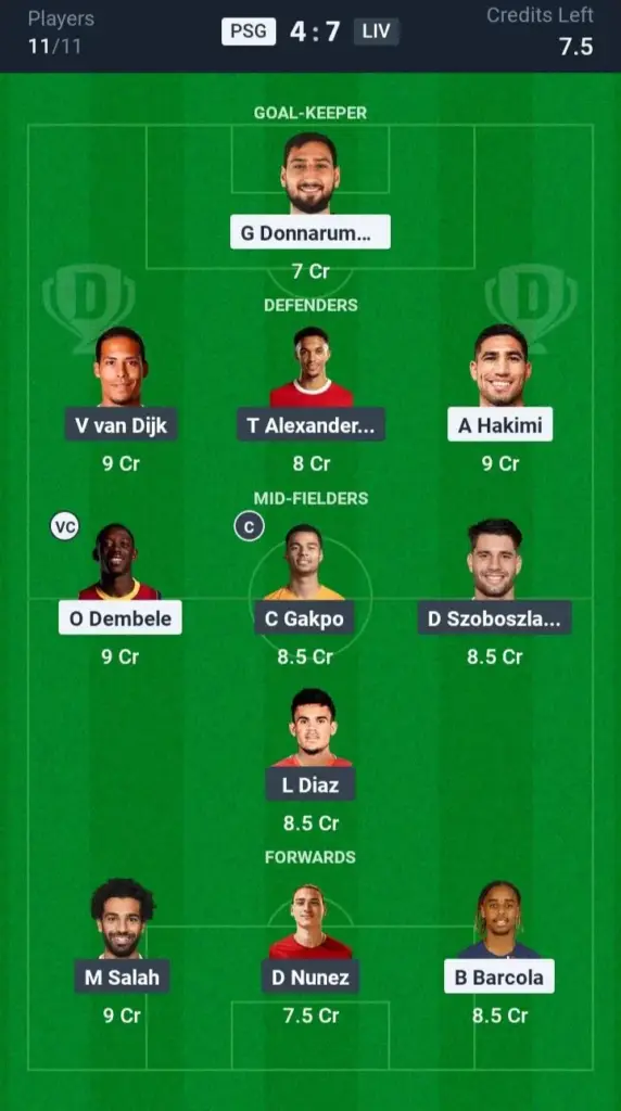 PSG vs LIV Grand League Team