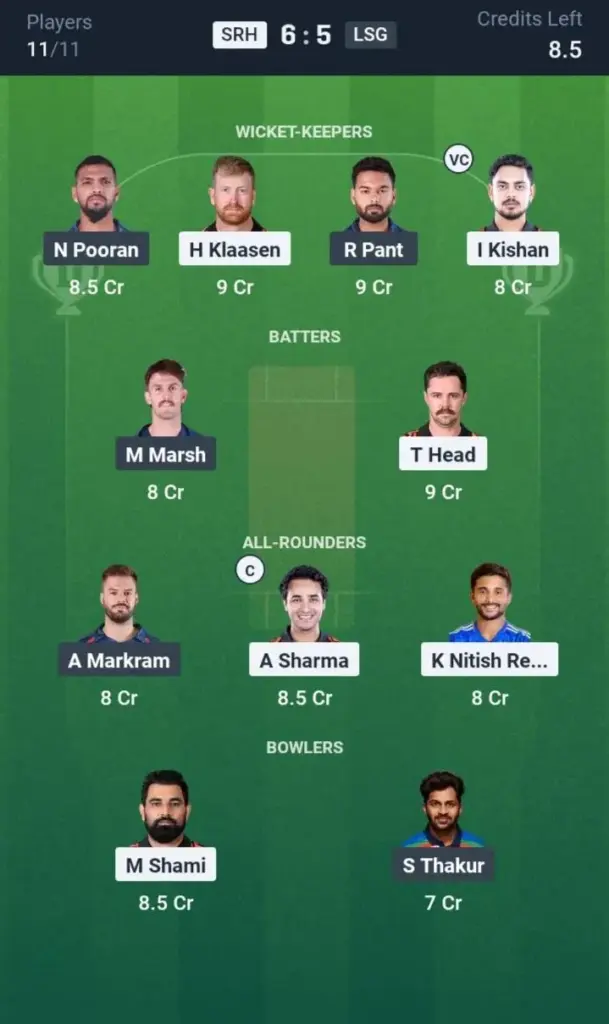 SRH vs LSG Grand League Team