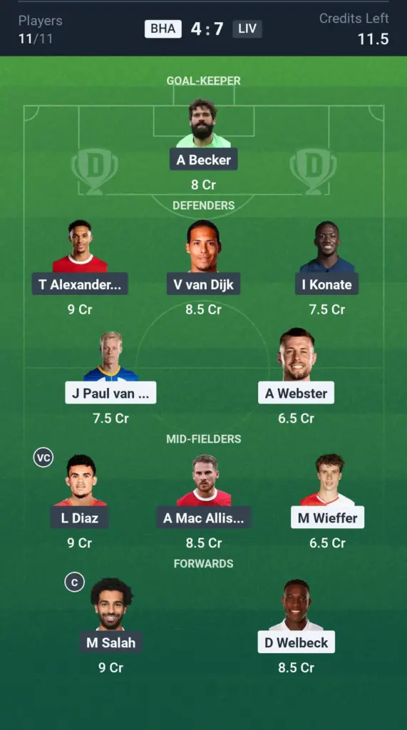 BHA vs LIV Grand League Team