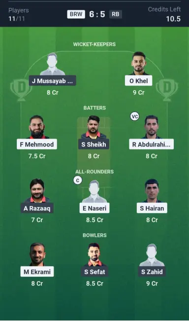 BRW vs RB Grand League Team
