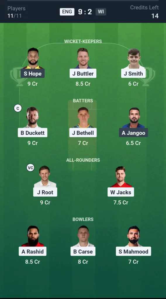 ENG vs WI Grand League Team