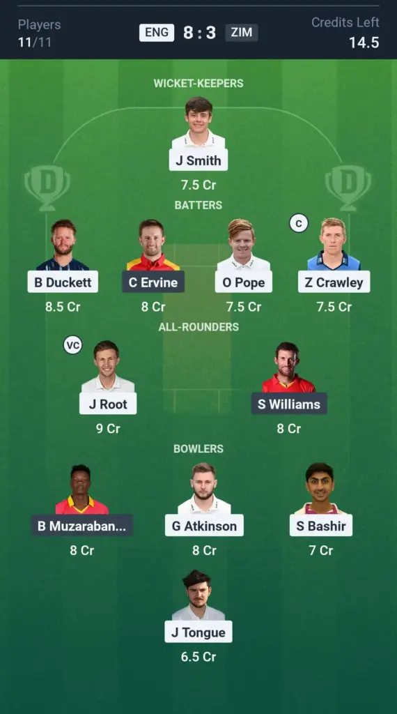 ENG vs ZIM Grand League Team