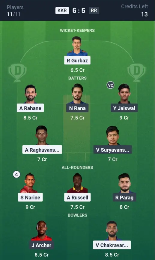 KKR vs RR Grand League Team