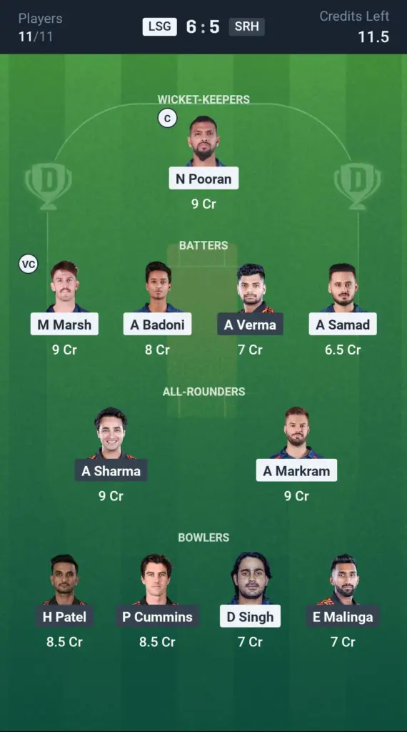 LSG vs SRH Grand League Team