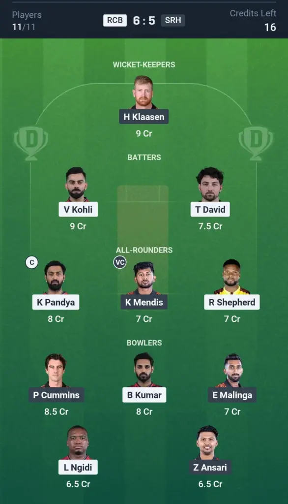 RCB vs SRH Grand League Team