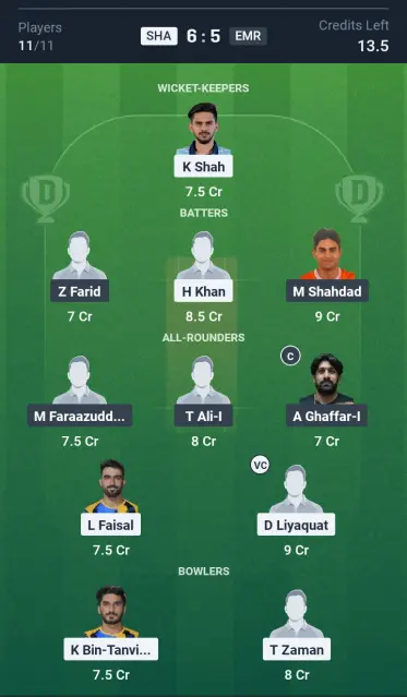 SHA vs EMR Dream11 Prediction Small League Team