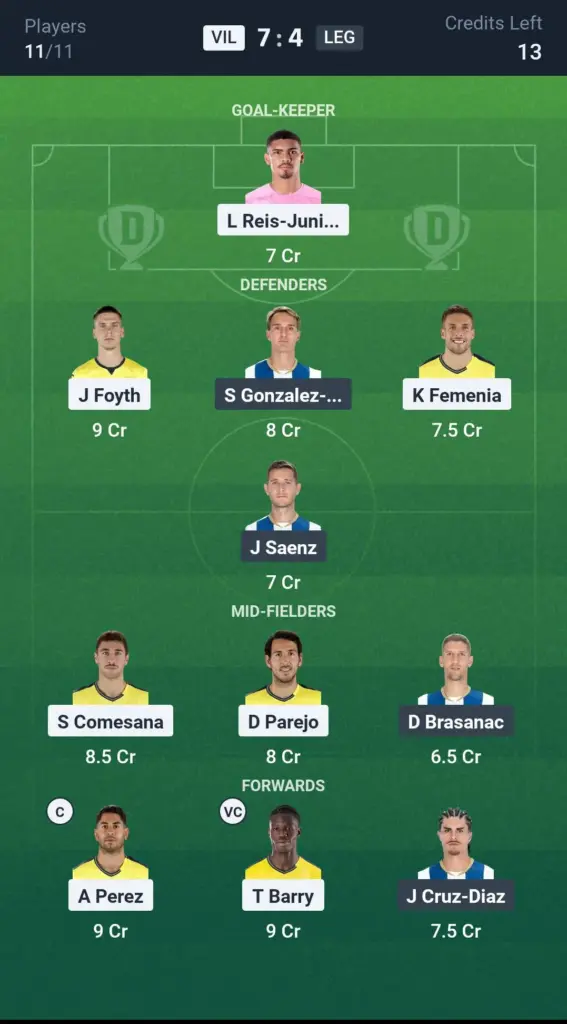 VIL vs LEG Grand League Team