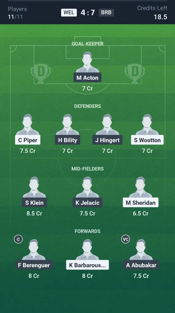 WEL vs BRB Grand League Team