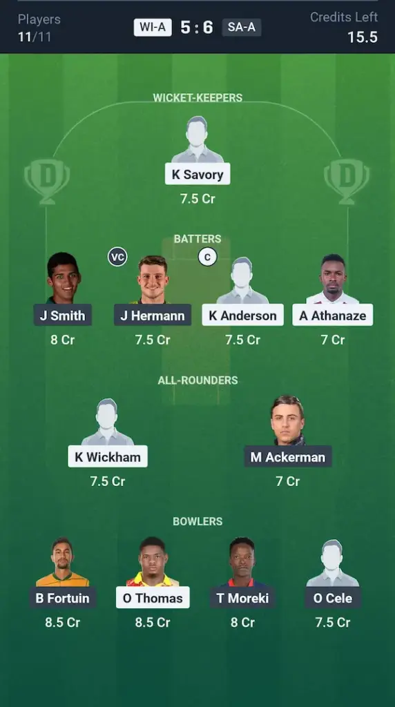 WI-A vs SA-A Dream11 Prediction Grand League Team