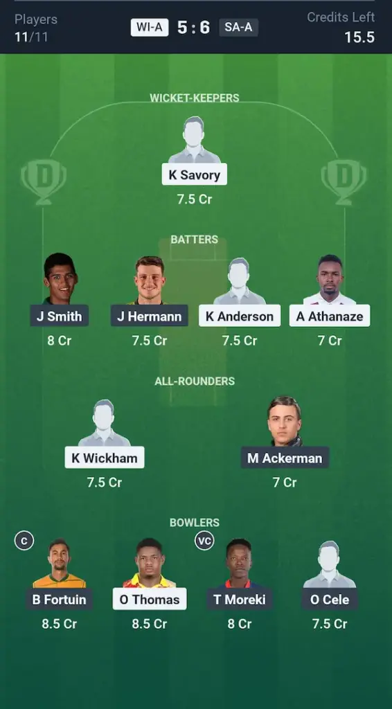 WI-A vs SA-A Dream11 Prediction Small League Team