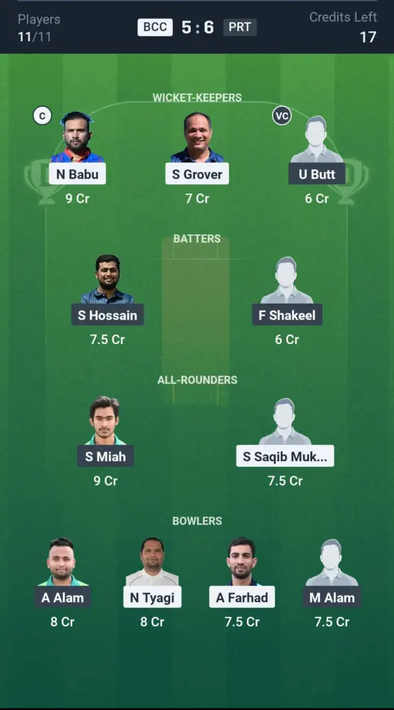 BCC vs PRT SL team