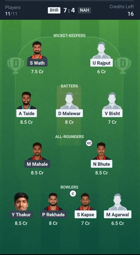 BHR vs NAH Grand League Team