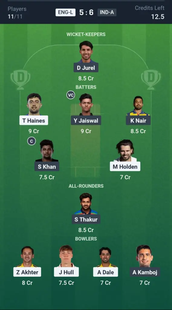 ENG-L vs IND-A Grand League Team