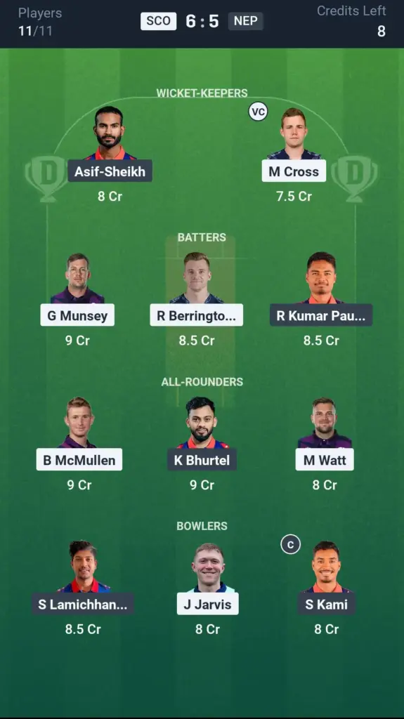 SCO vs NEP Grand League Team