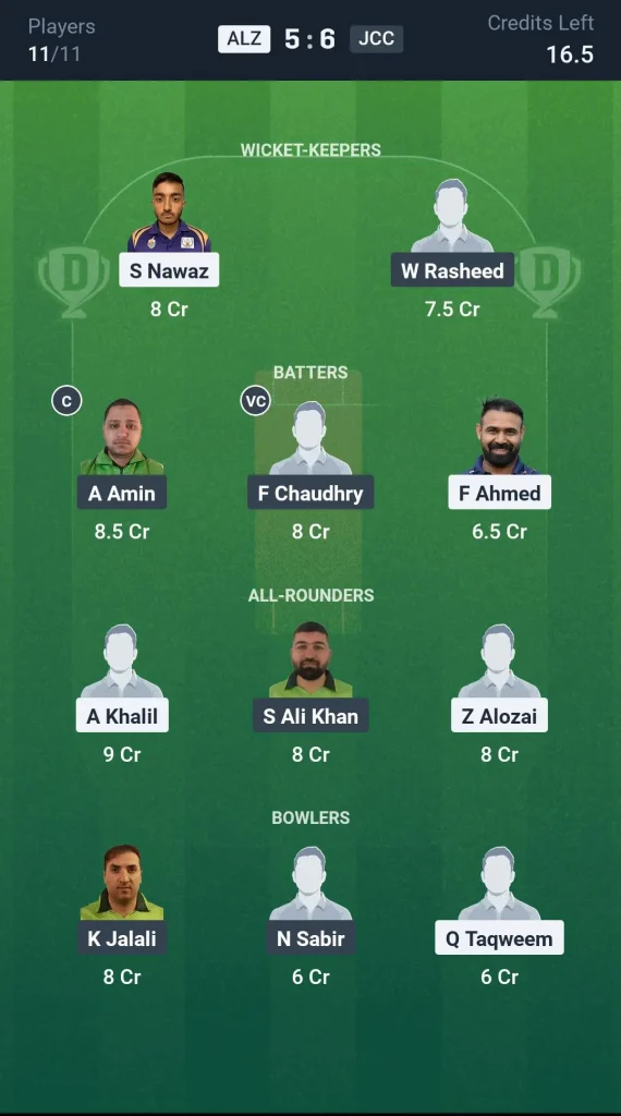 ALZ vs JCC Dream11 Prediction Small League Team