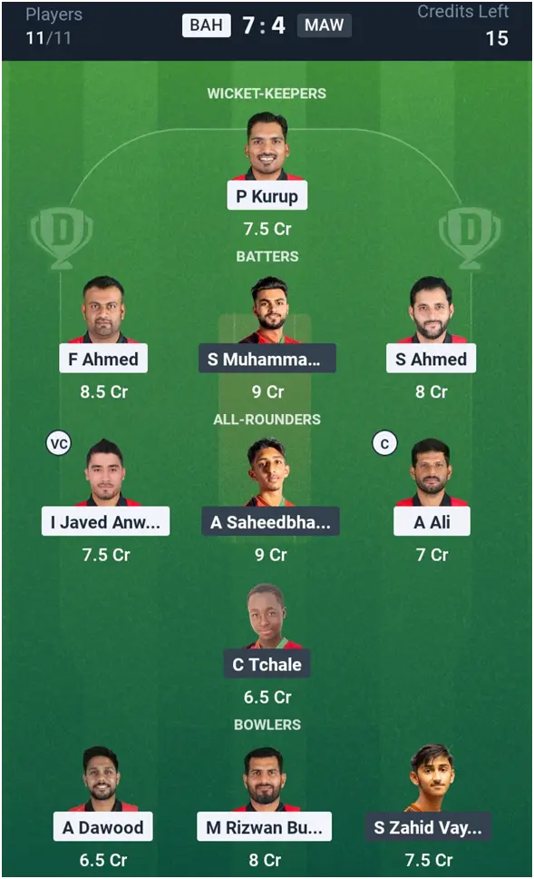BAH vs MAW Grand League Team: 