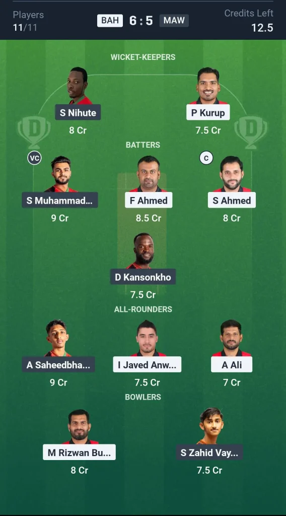 BAH vs MAW Grand League Team