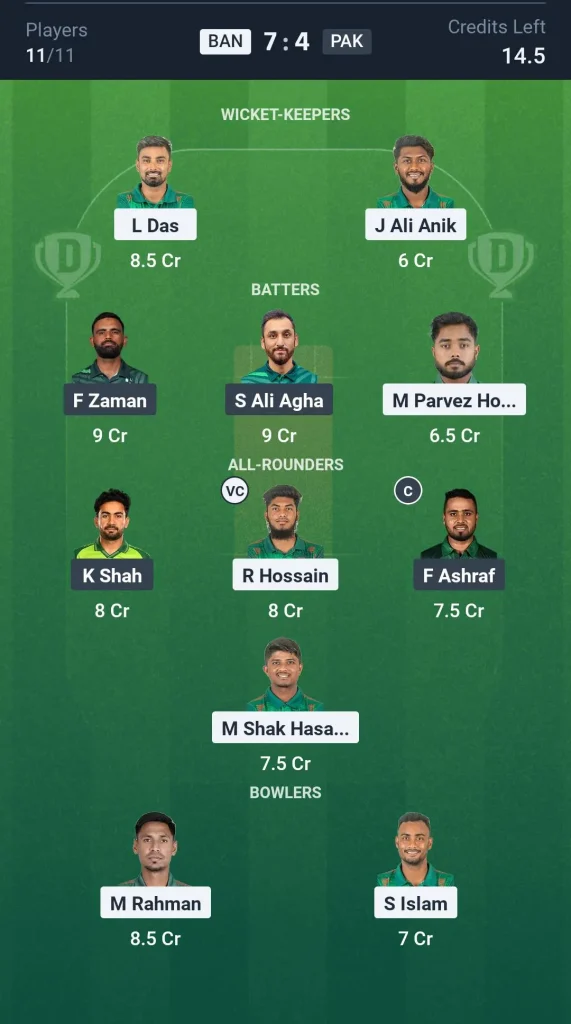 BAN vs PAK Grand League Team
