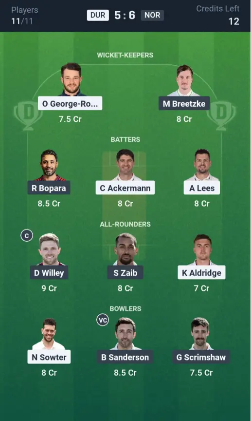 DUR vs NOR Grand League Team