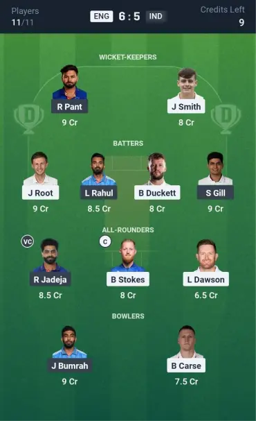 ENG vs IND Grand League Team 