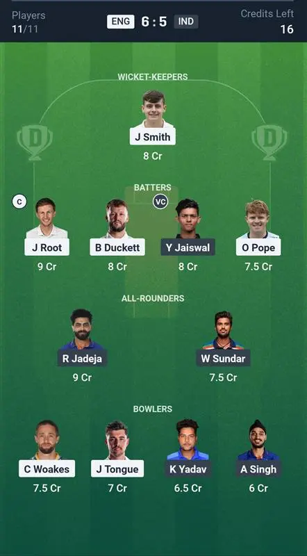 ENG vs IND Grand League Team