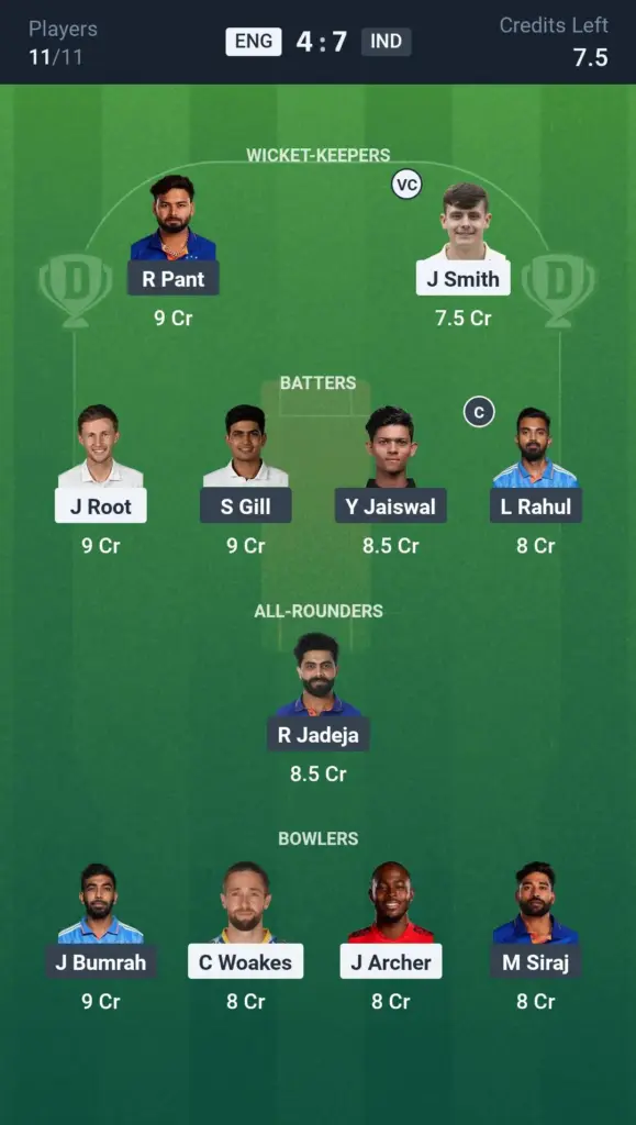 ENG vs IND Grand League Team