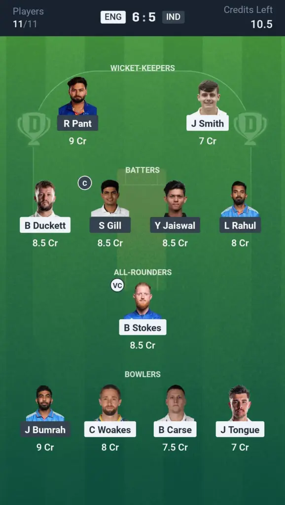 ENG vs IND Grand League Team