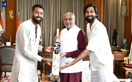 Hardik & Krunal Pandya Honor Maharashtra Governor with Special Memento Presentation Hardik & Krunal Pandya Honor Maharashtra Governor