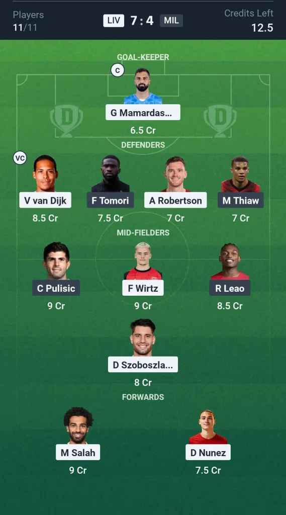 LIV vs MIL Grand League Team