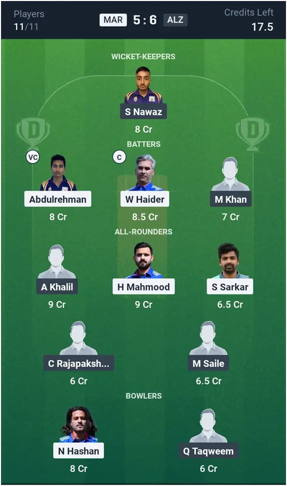 MAR vs ALZ Grand League Team: 