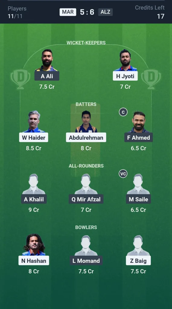 MAR vs ALZ Grand League Team
