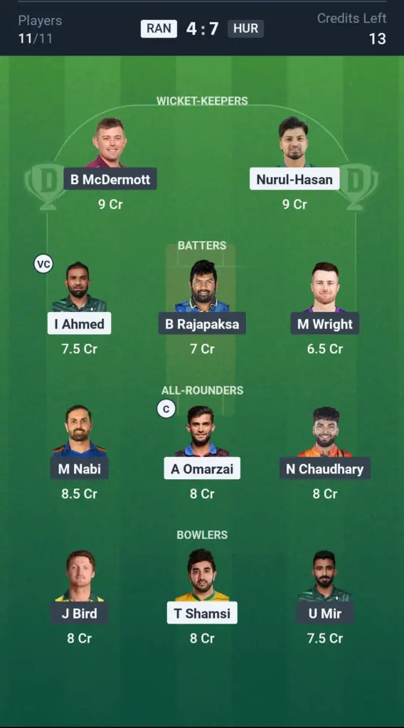 RAN vs HUR  Grand League Team
