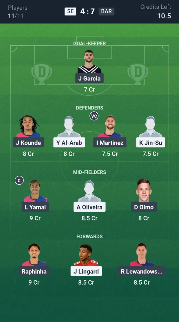 SE vs BAR Grand League Team