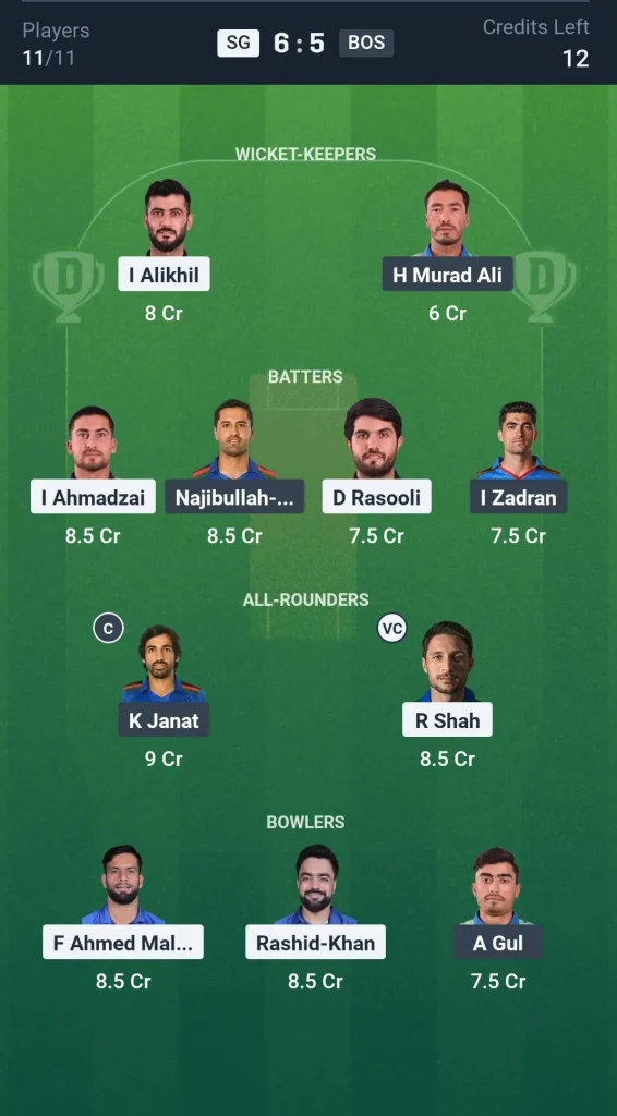 SG vs BOS Grand League Team