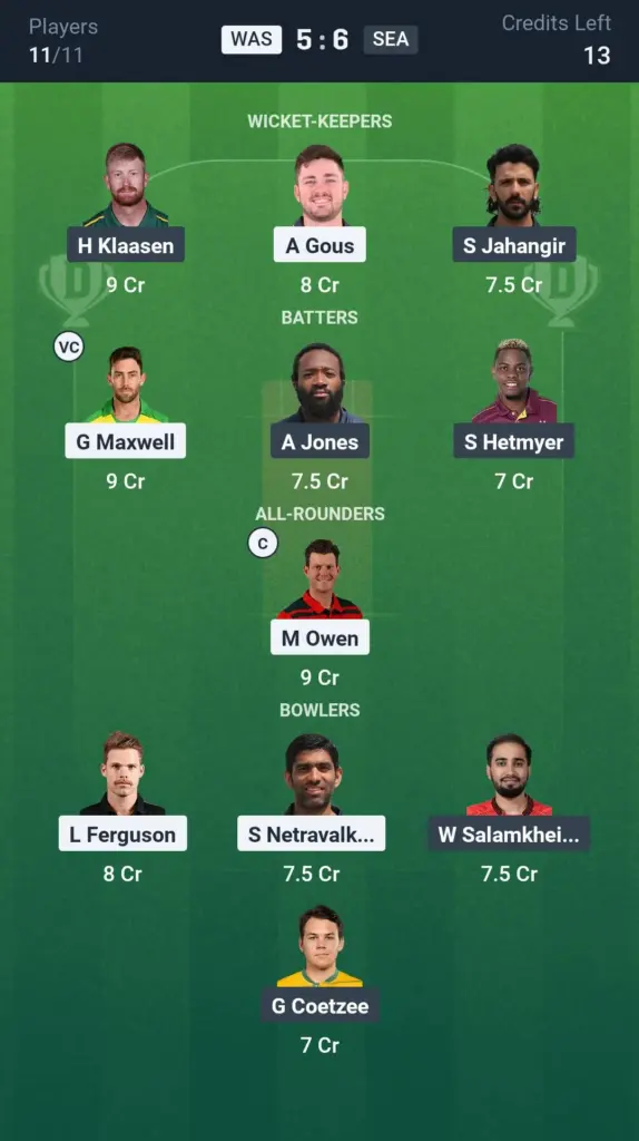 WAS vs SEA Grand League Team